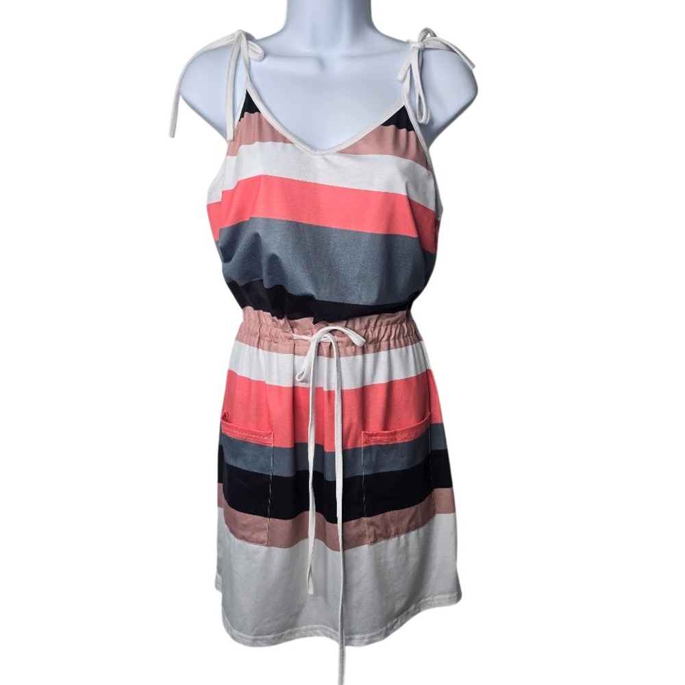 Striped Tie Strap Mini Dress Womens Medium‎ Coral Grey Nautical Beachy Casual
